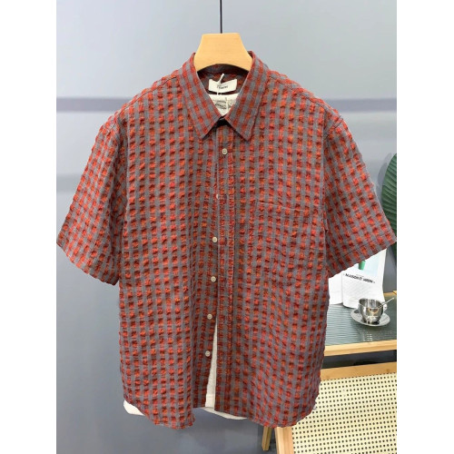 ~專櫃撿漏撞色格子襯衫男士夏季新款短袖泡泡紗襯衣休閒上衣