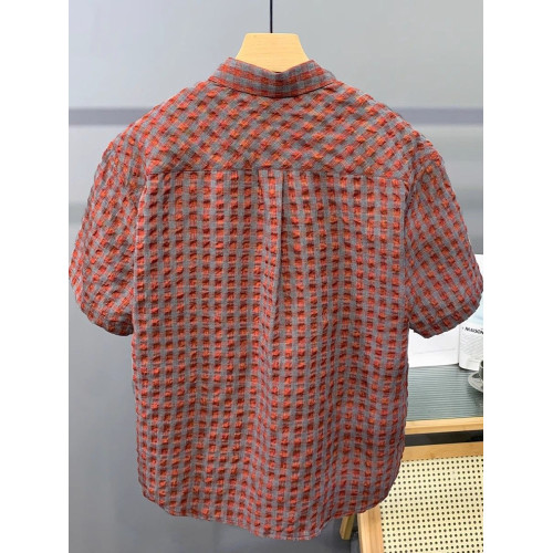 ~專櫃撿漏撞色格子襯衫男士夏季新款短袖泡泡紗襯衣休閒上衣