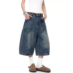 美式復古水洗閃電紋彎刀牛仔短褲男女夏季寬鬆濶腿七分褲潮牌情侶