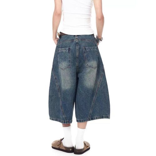 美式復古水洗閃電紋彎刀牛仔短褲男女夏季寬鬆濶腿七分褲潮牌情侶