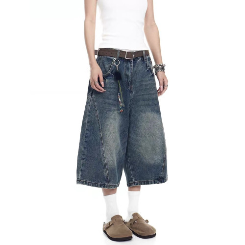 美式復古水洗閃電紋彎刀牛仔短褲男女夏季寬鬆濶腿七分褲潮牌情侶