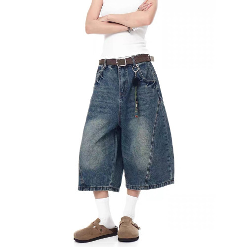 美式復古水洗閃電紋彎刀牛仔短褲男女夏季寬鬆濶腿七分褲潮牌情侶