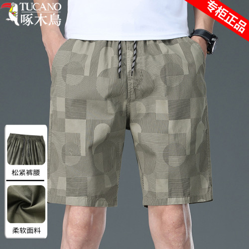 啄木鳥印花休閒短褲男士夏季純棉五分褲大褲衩外穿寬鬆直筒沙灘褲