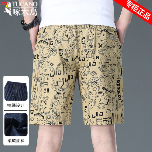 啄木鳥印花休閒短褲男士夏季純棉五分褲大褲衩外穿寬鬆直筒沙灘褲