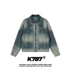K787美式復古釘珠設計感明線水洗牛仔外套男女寬鬆百搭短款夾克潮