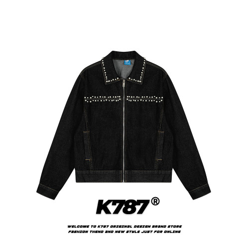 K787美式復古釘珠設計感明線水洗牛仔外套男女寬鬆百搭短款夾克潮