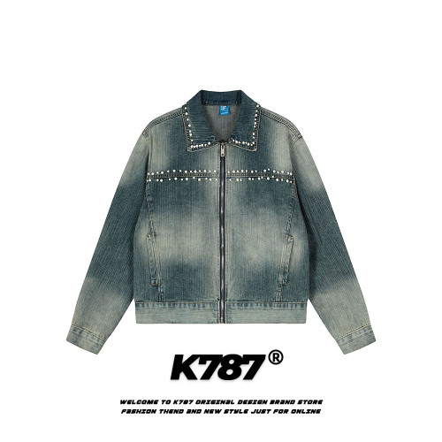 K787美式復古釘珠設計感明線水洗牛仔外套男女寬鬆百搭短款夾克潮