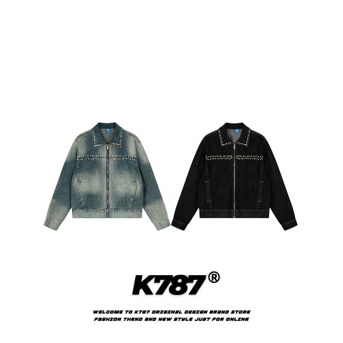 K787美式復古釘珠設計感明線水洗牛仔外套男女寬鬆百搭短款夾克潮