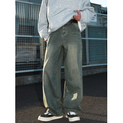 WASSUP美式淺色水洗藍牛仔褲cleanfit復古直筒寬鬆做舊濶腿長褲子