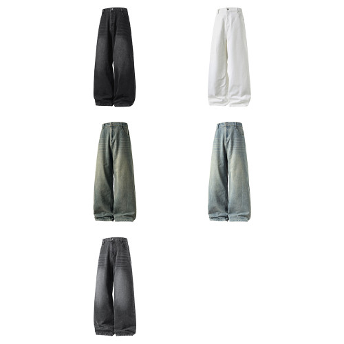 WASSUP美式淺色水洗藍牛仔褲cleanfit復古直筒寬鬆做舊濶腿長褲子