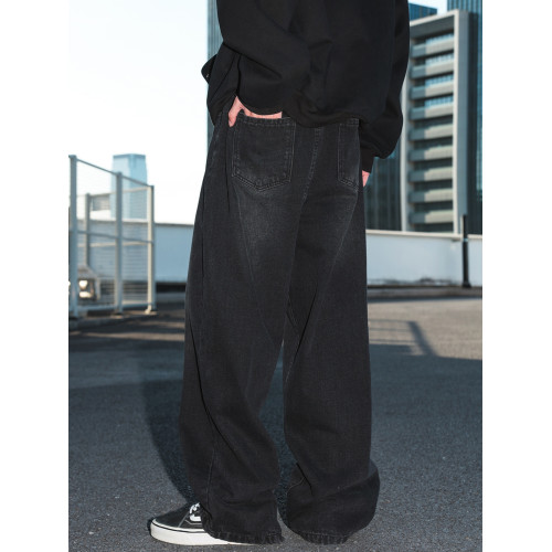 WASSUP美式淺色水洗藍牛仔褲cleanfit復古直筒寬鬆做舊濶腿長褲子