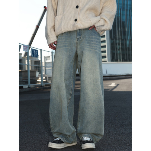 WASSUP美式淺色水洗藍牛仔褲cleanfit復古直筒寬鬆做舊濶腿長褲子