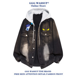 GGG Wassup小怪獸牛仔外套男秋季美式復古潮牌可拆卸連帽夾克上衣