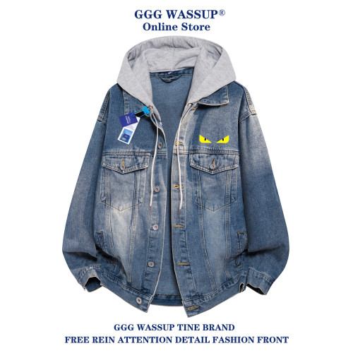 GGG Wassup小怪獸牛仔外套男秋季美式復古潮牌可拆卸連帽夾克上衣