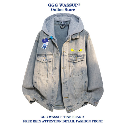 GGG Wassup小怪獸牛仔外套男秋季美式復古潮牌可拆卸連帽夾克上衣
