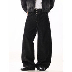 美式復古原色牛仔褲男女排釦設計感小衆丹甯寬鬆休閒直筒濶腿褲子