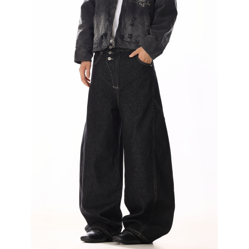 美式復古原色牛仔褲男女排釦設計感小衆丹甯寬鬆休閒直筒濶腿褲子