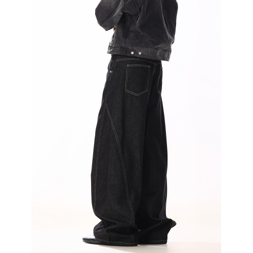 美式復古原色牛仔褲男女排釦設計感小衆丹甯寬鬆休閒直筒濶腿褲子