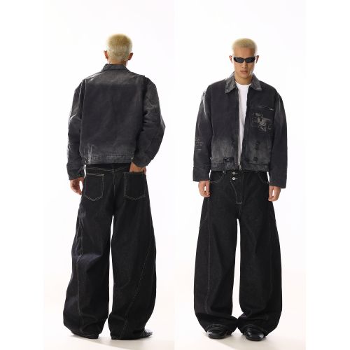 美式復古原色牛仔褲男女排釦設計感小衆丹甯寬鬆休閒直筒濶腿褲子