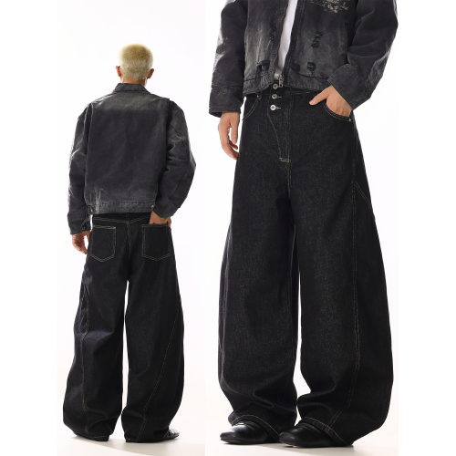 美式復古原色牛仔褲男女排釦設計感小衆丹甯寬鬆休閒直筒濶腿褲子