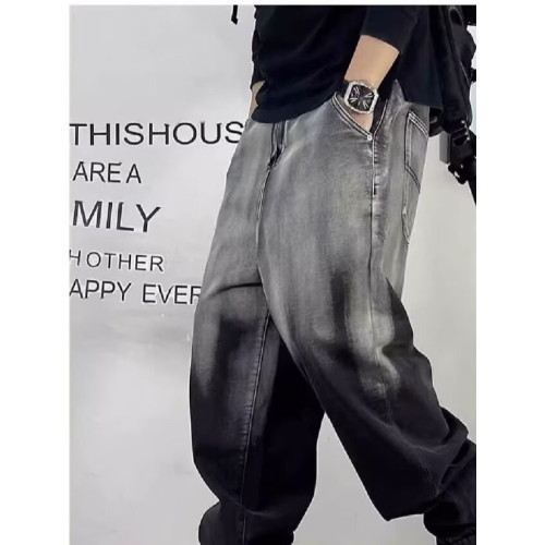 美式高街復古漸變色牛仔褲男加大碼加肥300斤寬鬆痞帥小腳哈倫褲