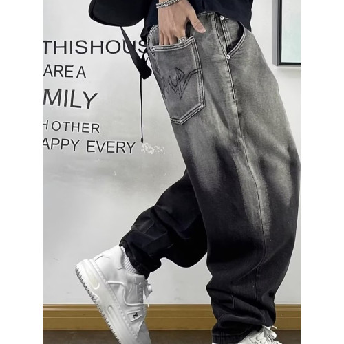 美式高街復古漸變色牛仔褲男加大碼加肥300斤寬鬆痞帥小腳哈倫褲