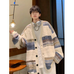 MISTERLIN丨美式復古慵懶風條紋開衫ins毛衣男潮牌針織衫情侶外套