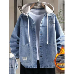 2025秋冬季加絨加厚牛仔外套男孩學生新款潮流夾克連帽上衣服男裝