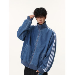 水洗藍色三條杠短款牛仔外套男款春秋季美式復古條紋立領運動夾克