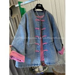 特大碼300斤歐貨撞色牛仔外套男女裝秋冬情侶新中式盤釦夾克上衣2