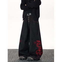 重工立體紅龍刺綉黑色排釦牛仔褲男女街頭美式復古寬鬆濶腿褲子潮