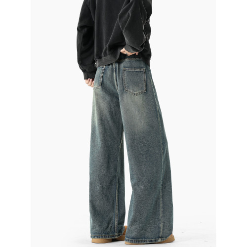 Vivd Loom美式貓須復古水洗做舊牛仔褲男加絨秋冬新款寬鬆長褲子