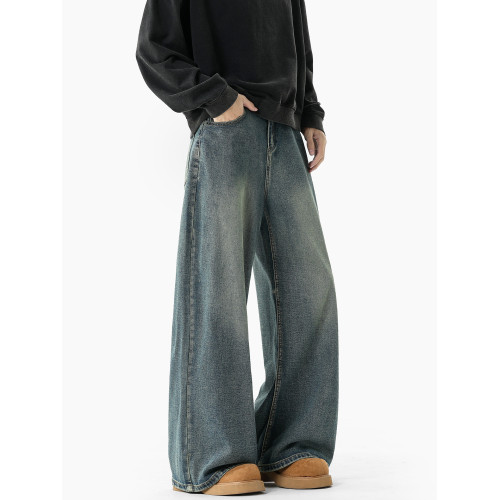 Vivd Loom美式貓須復古水洗做舊牛仔褲男加絨秋冬新款寬鬆長褲子