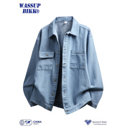 WASSUP BIKK白色牛仔外套男款春秋復古繙領寬鬆休閒工裝夾克上衣