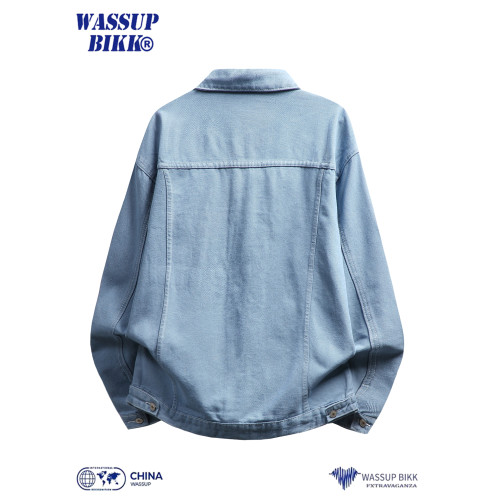 WASSUP BIKK白色牛仔外套男款春秋復古繙領寬鬆休閒工裝夾克上衣