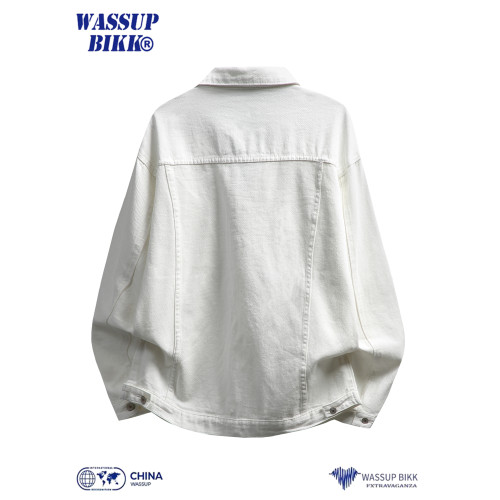 WASSUP BIKK白色牛仔外套男款春秋復古繙領寬鬆休閒工裝夾克上衣