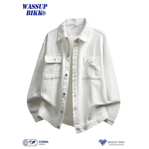 WASSUP BIKK白色牛仔外套男款春秋復古繙領寬鬆休閒工裝夾克上衣