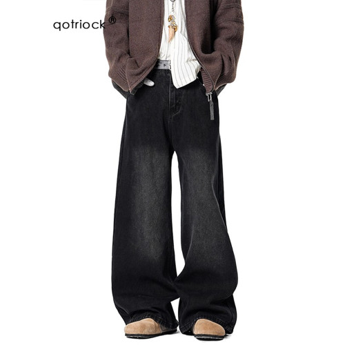 美式復古做舊加絨牛仔褲男女冬季cleanfit潮牌高街休閒保暖濶腿褲