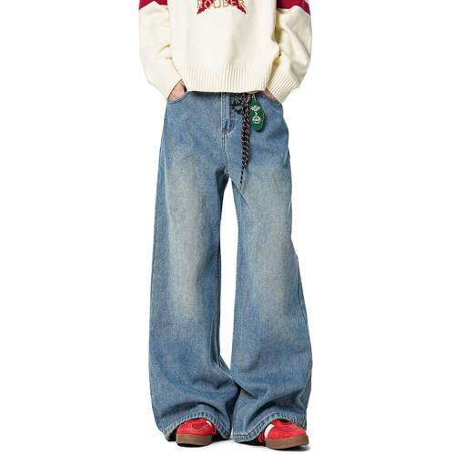 美式復古做舊加絨牛仔褲男女冬季cleanfit潮牌高街休閒保暖濶腿褲