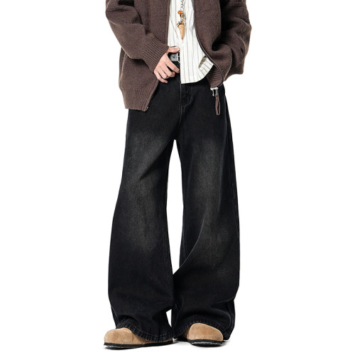 美式復古做舊加絨牛仔褲男女冬季cleanfit潮牌高街休閒保暖濶腿褲