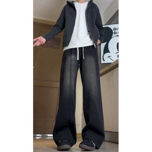 黑灰色直筒牛仔褲男款厚款美式濶腿寬鬆大碼男褲冬季男士加絨褲子