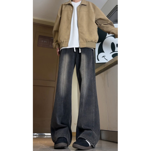 黑灰色直筒牛仔褲男款厚款美式濶腿寬鬆大碼男褲冬季男士加絨褲子