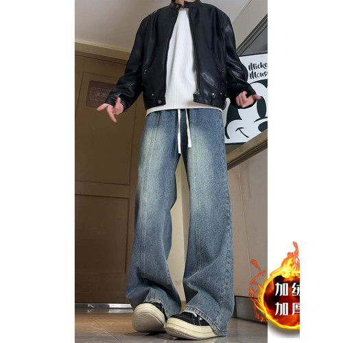 黑灰色直筒牛仔褲男款厚款美式濶腿寬鬆大碼男褲冬季男士加絨褲子