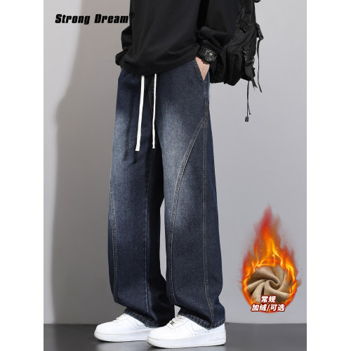 加絨加厚彎刀牛仔褲男士2025秋冬新款美式高街潮流寬鬆直筒長褲子
