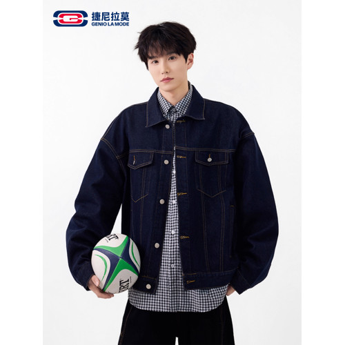 GENIOLAMODE美式夾克男士秋季慵懶chic寬鬆潮牌痞帥繙領牛仔外套