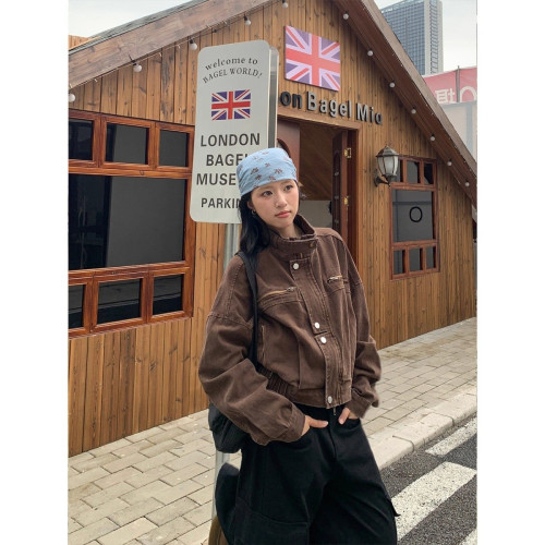 美式復古工裝風寬鬆短款機車夾克外套女2025秋季新款