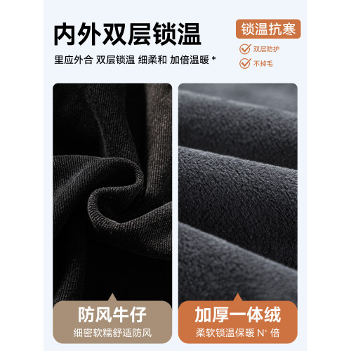 貓人直筒加絨復古牛仔褲男款冬季美式濶腿休閒褲防風加厚保暖褲子