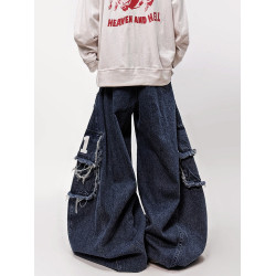 UUCSCC嘻哈潮牌工裝長褲濶腿牛仔褲美式復古寬鬆直筒拖地彎刀褲