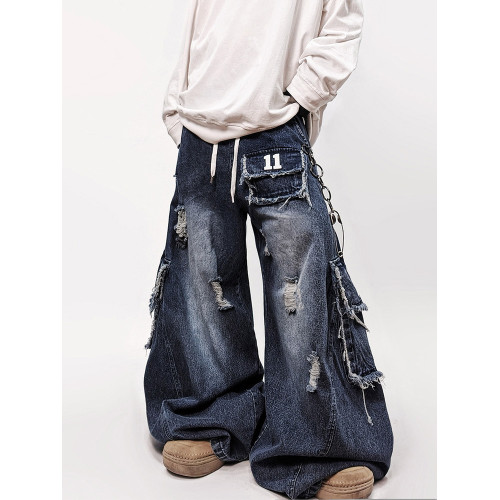 UUCSCC嘻哈潮牌工裝長褲濶腿牛仔褲美式復古寬鬆直筒拖地彎刀褲