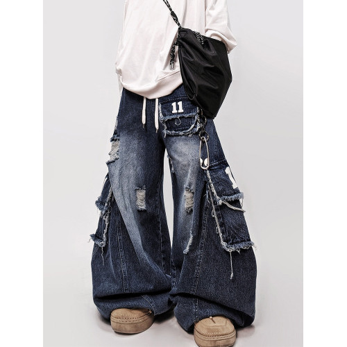 UUCSCC嘻哈潮牌工裝長褲濶腿牛仔褲美式復古寬鬆直筒拖地彎刀褲